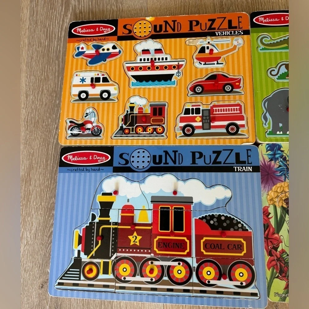 Vintage Melissa & Doug wooden puzzles sounds magnetic animals bugs vehicles baby